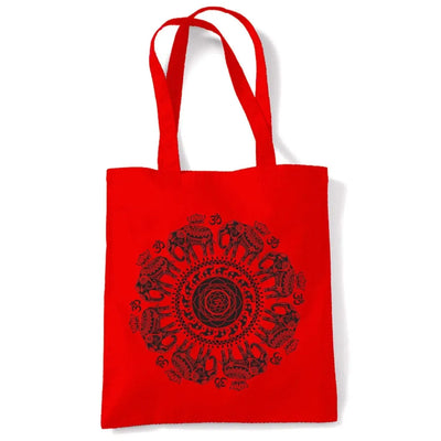 Elephant with Om Symbol Mandala Design Tattoo Hipster Large Print Tote Shoulder Shopping Bag Red