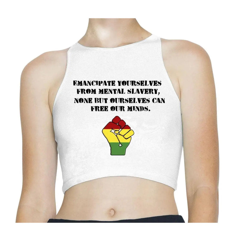 Emancipate Yourselves Reggae Rasta Sleeveless High Neck Crop Top XS / White