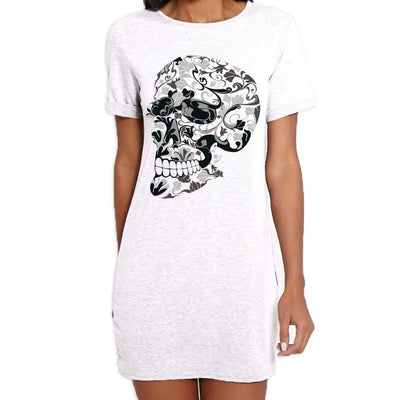 Flower Skull Large Print Women's T-Shirt Dress L