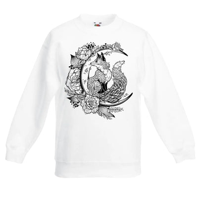 Fox On Crescent Moon Hipster Tattoo Children's Toddler Kids Sweatshirt Jumper 9-11 / White