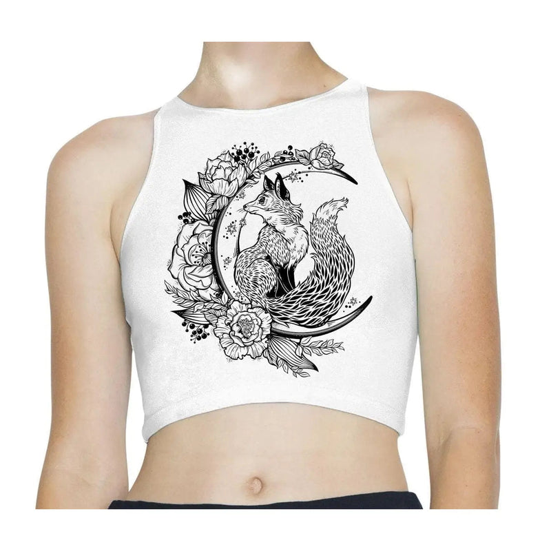 Fox on Crescent Moon Hipster Tattoo Sleeveless High Neck Crop Top S / White