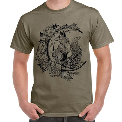 Fox With Crescent Moon Hipster Tattoo Large Print Men's T-Shirt Medium / Khaki
