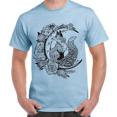 Fox With Crescent Moon Hipster Tattoo Large Print Men's T-Shirt Medium / Light Blue