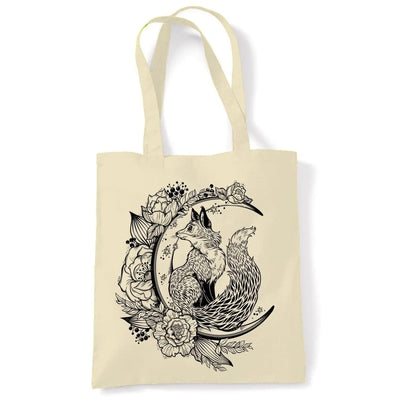 Fox With Crescent Moon Hipster Tattoo Large Print Tote Shoulder Shopping Bag Cream