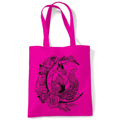 Fox With Crescent Moon Hipster Tattoo Large Print Tote Shoulder Shopping Bag Hot Pink