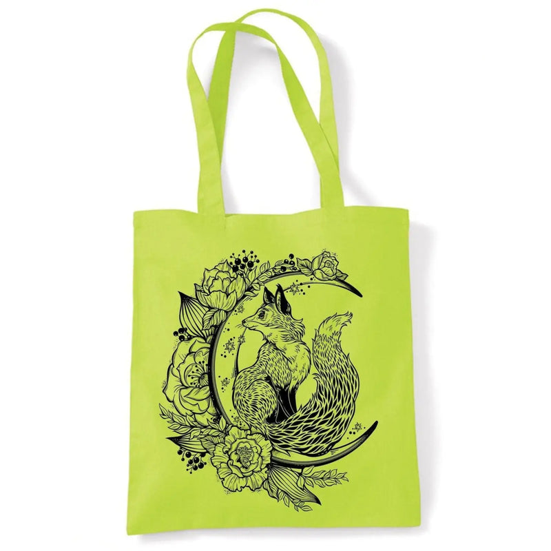Fox With Crescent Moon Hipster Tattoo Large Print Tote Shoulder Shopping Bag Lime Green