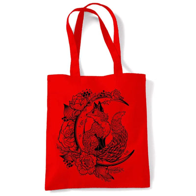 Fox With Crescent Moon Hipster Tattoo Large Print Tote Shoulder Shopping Bag Red