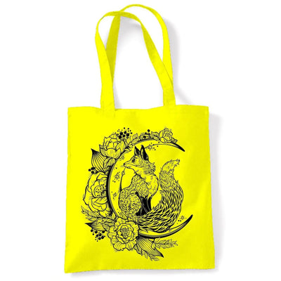 Fox With Crescent Moon Hipster Tattoo Large Print Tote Shoulder Shopping Bag Yellow