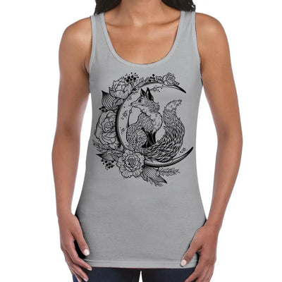 Fox With Crescent Moon Hipster Tattoo Large Print Women's Vest Tank Top Medium / Light Grey