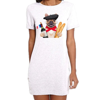 French Bulldog With Wine and Baguette Women's Short Sleeve T-Shirt Dress L