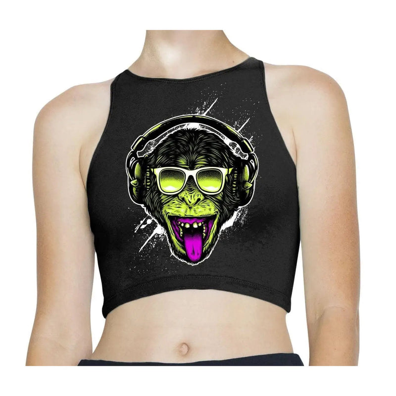 Funky Monkey DJ Sleeveless High Neck Crop Top XS / Black