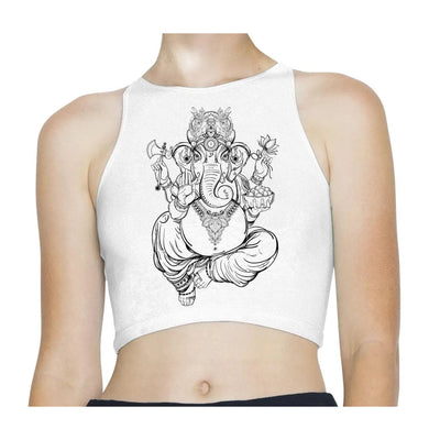 Ganesha Indian Hindu Elephant God Sleeveless High Neck Crop Top XS / White
