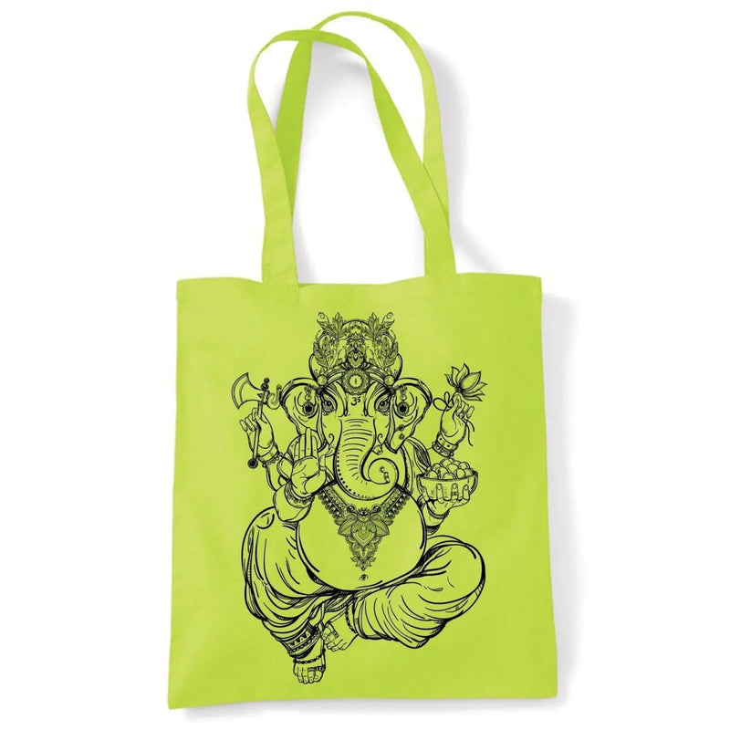 Ganesha Indian Hindu Elephant God Hipster Large Print Tote Shoulder Shopping Bag Lime Green