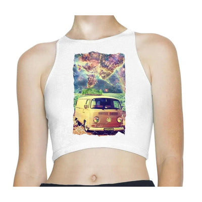 Ganja Bus Cannabis Sleeveless High Neck Crop Top XS / White