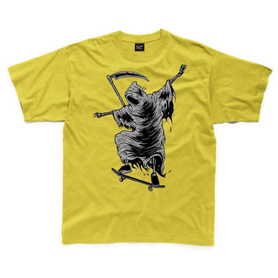Grim Reaper Skateboarder Kids Childrens T-Shirt 11-12 / Yellow