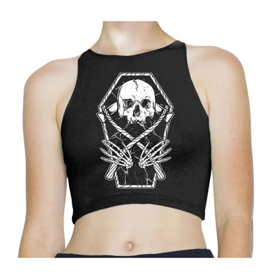 Grim Reaper Skeleton in Coffin Sleeveless High Neck Crop Top M / Black