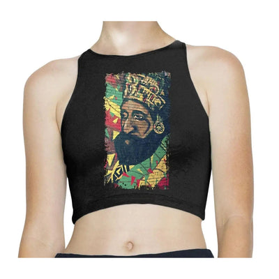 Haile Selassie Rasta Wall Art Reggae Sleeveless High Neck Crop Top S / Black