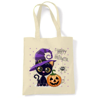 Halloween Cat Cartoon Cute Tote Shoulder Shopping Bag Cream
