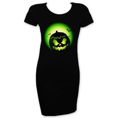 Halloween Pumpkin Green Face Short Sleeve T-Shirt Dress