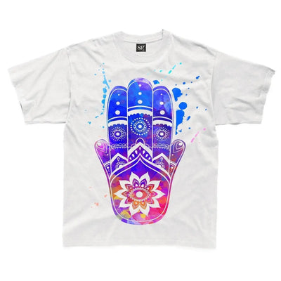 Hamsa Hand of Fatima Colour Splash Large Print Kids Childrens T-Shirt 7-8