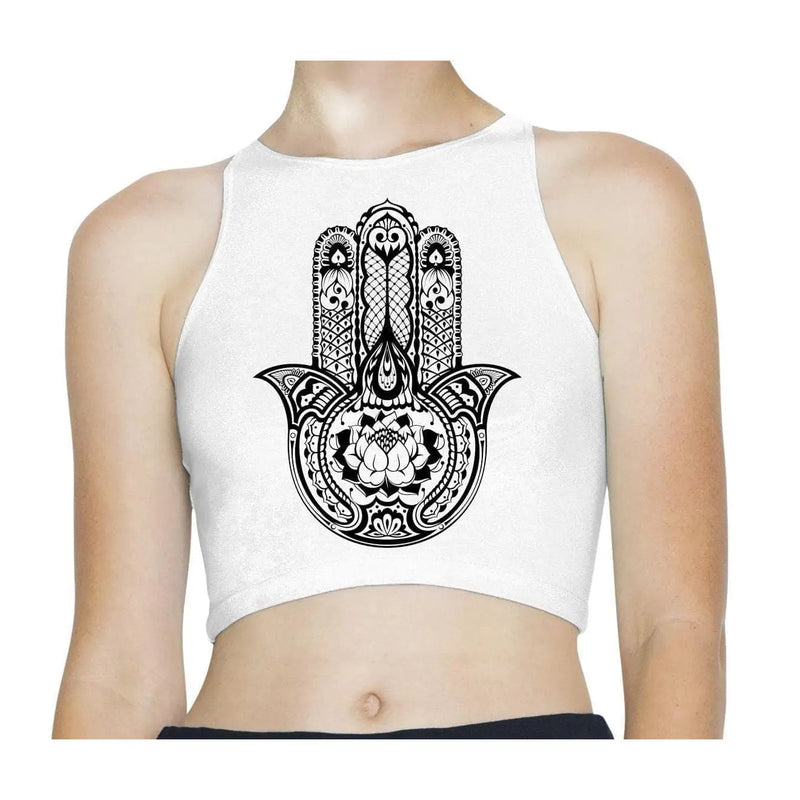 Hamsa Hand of Fatima Tattoo Sleeveless High Neck Crop Top XS / White