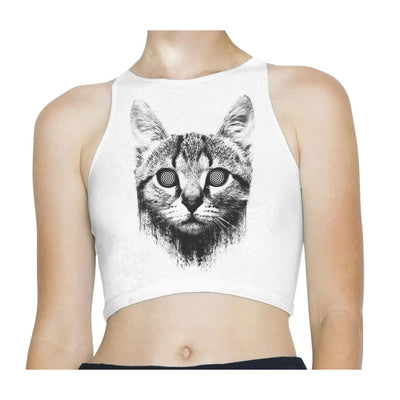 Hypnotised Cat Psychedelic Sleeveless High Neck Crop Top M / White