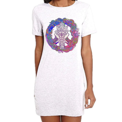 Indian Elephant Peace Symbol Large Print Women's Short Sleeve T-Shirt Dress L