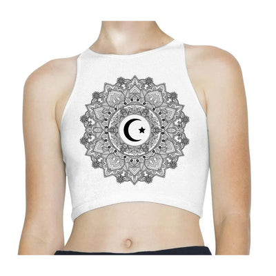 Islamic Crecent Moon Mandala Sleeveless High Neck Crop Top XS / White