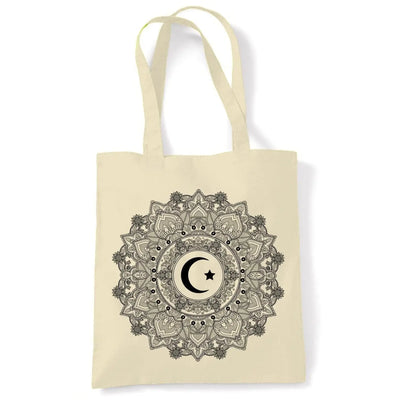 Islamic Crescent Mandala Large Print Tote Shoulder Shopping Bag Cream