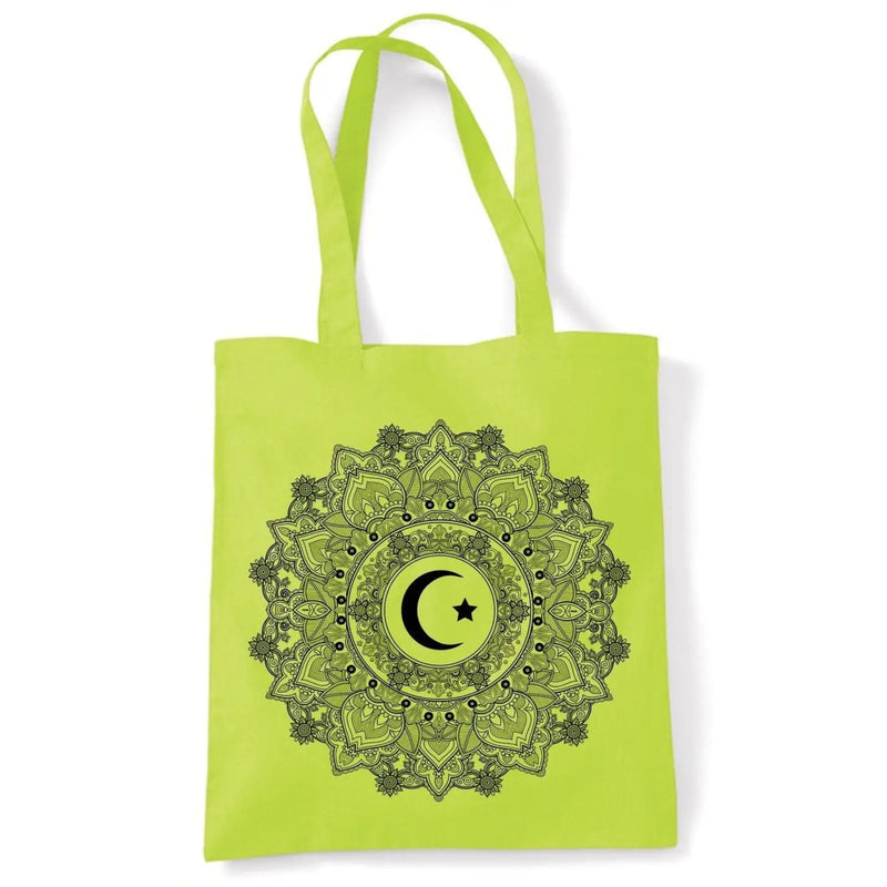 Islamic Crescent Mandala Large Print Tote Shoulder Shopping Bag Lime Green