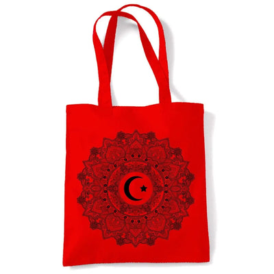 Islamic Crescent Mandala Large Print Tote Shoulder Shopping Bag Red