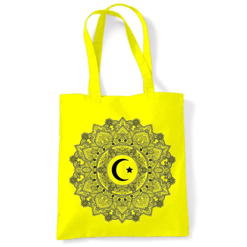 Islamic Crescent Mandala Large Print Tote Shoulder Shopping Bag Yellow