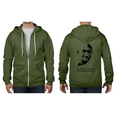 Mahatma Gandhi Live Forever Quote Full Zip Hoodie 3XL / Bottle Green