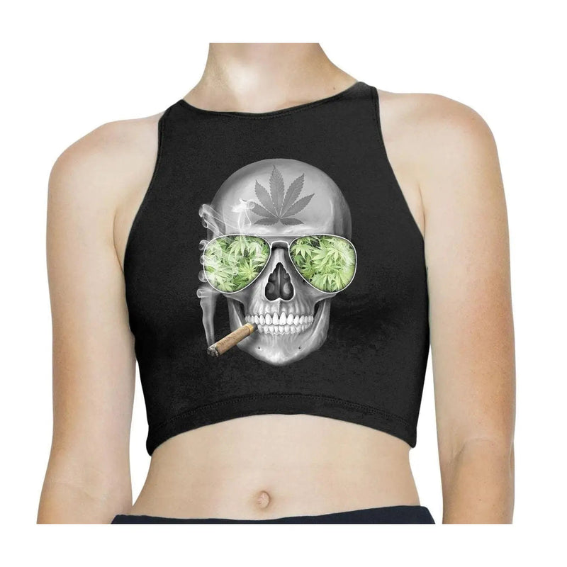 Marijuana Weed Skull Sleeveless High Neck Crop Top S / Black