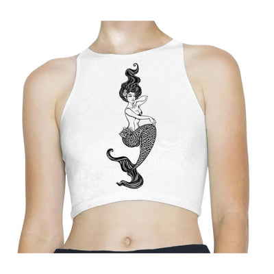 Sexy Mermaid Tattoo Hipster Sleeveless High Neck Crop Top XS / White