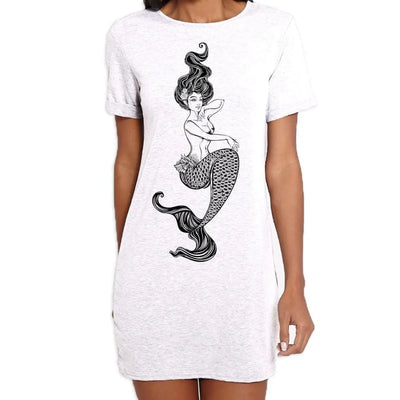 Sexy Mermaid Tattoo Hipster Large Print Women's T-Shirt Dress S