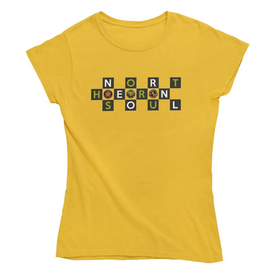 Northern Soul Badges Logo Women’s T-Shirt - S / Yellow -