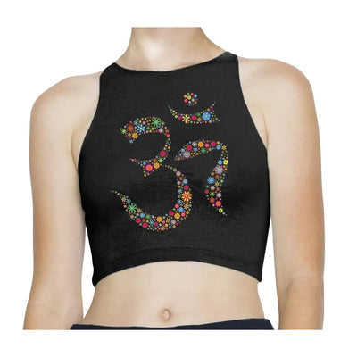 Om Symbol Floral Yoga Sleeveless High Neck Crop Top M / Black