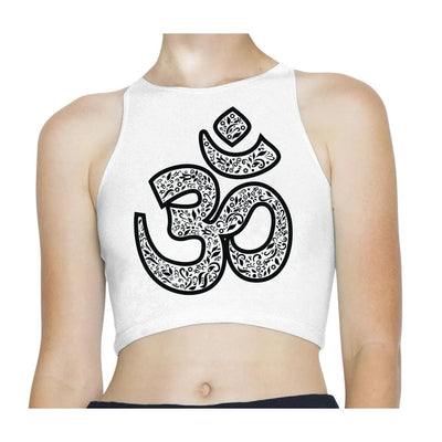 Ornate Om Symbol Yoga Sleeveless High Neck Crop Top M / White