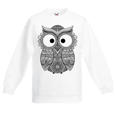 Owl Henna Tattoo Large Print Meditation Children's Toddler Kids Sweatshirt Jumper 9-11 / White