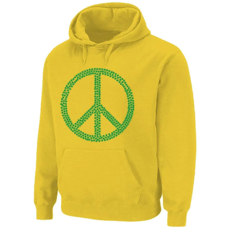 Peace Symbol Marijuana Leaf Pouch Pocket Pull Over Hoodie L / Yellow