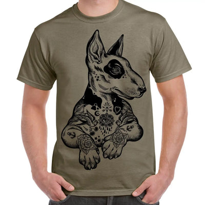 Pit Bull Terrier With Tattoos Hipster Large Print Men's T-Shirt XL / Khaki