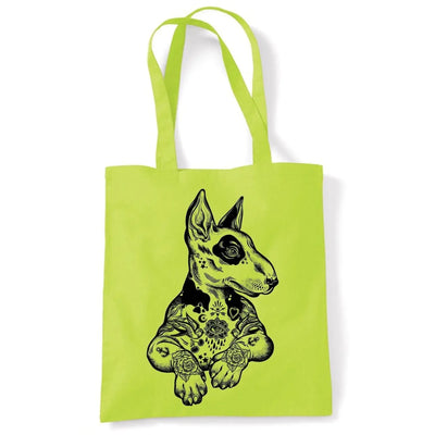 Pit Bull Terrier With Tattoos Hipster Large Print Tote Shoulder Shopping Bag Lime Green