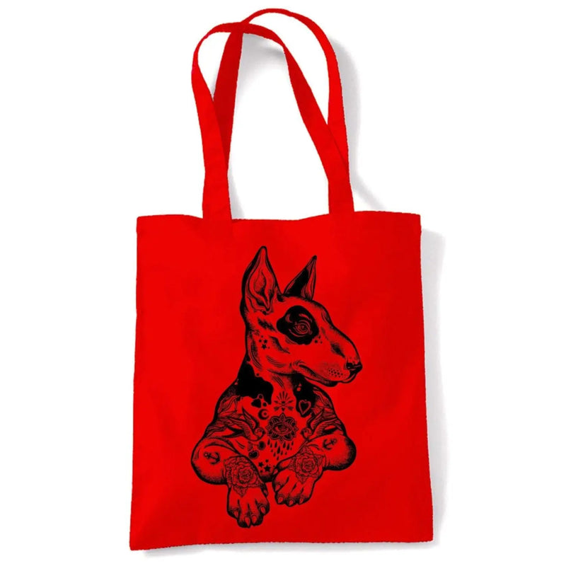 Pit Bull Terrier With Tattoos Hipster Large Print Tote Shoulder Shopping Bag Red