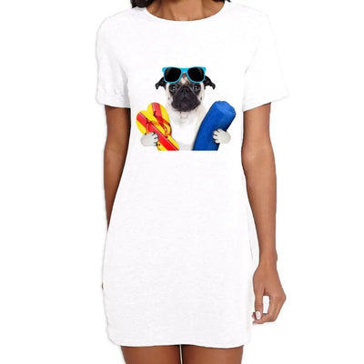 Pug Dog On Holiday Funny Women's T-Shirt Dress L
