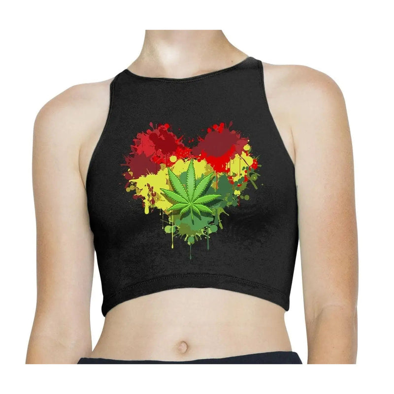 Rasta Heart Reggae Sleeveless High Neck Crop Top S / Black