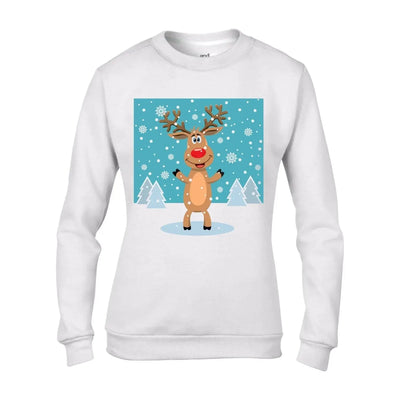 Rudolph Reindeer and Snow Flakes Christmas Women's Jumper \ Sweater M
