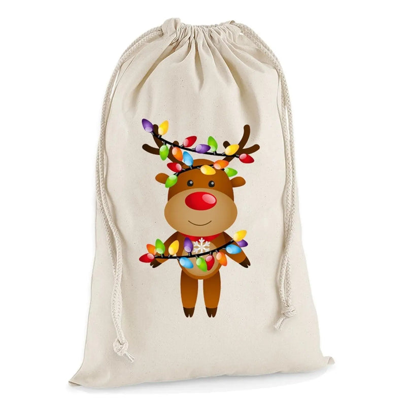 Rudolph with Christmas Lights Presents Stocking Drawstring Santa Sack