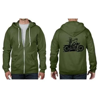 Skeleton Rider Biker Full Zip Hoodie L / Bottle Green