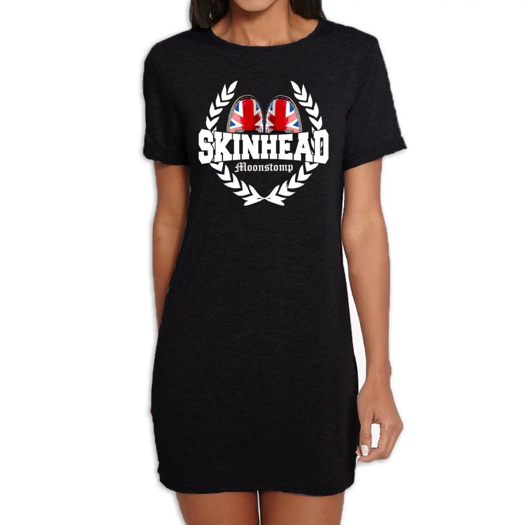 Skinhead Moonstomp Union Jack Boots Leaf Logo Womens T-Shirt Dress, S / Black